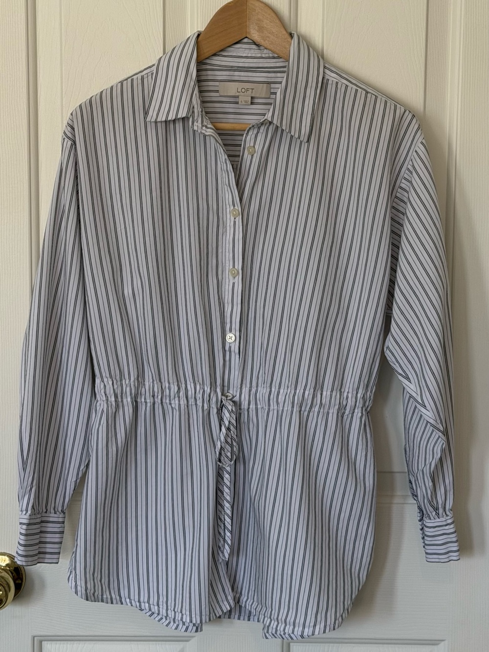 LOFT White Button-Down Shirt with Blue Stripes